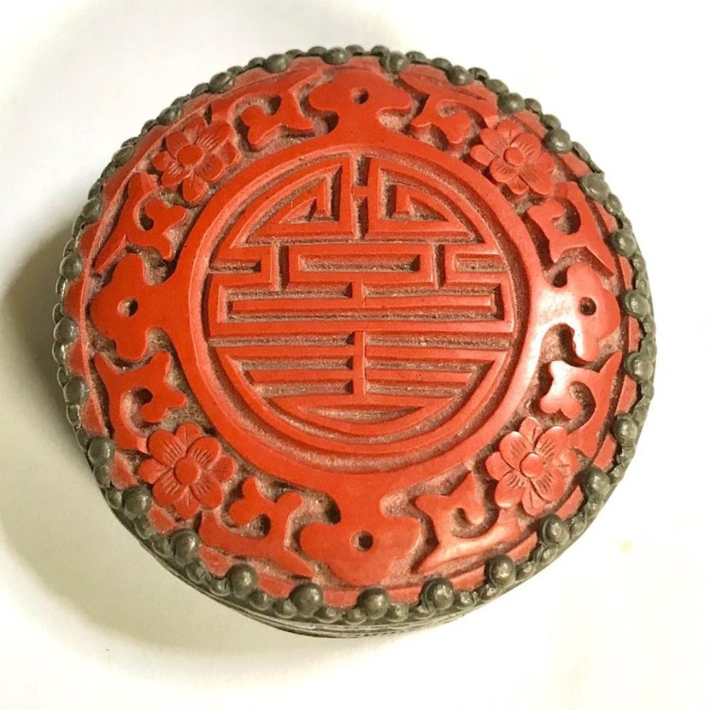 Antique Vintage Tibetan Silver Carved Cinnabar Trinket Pill Powder Box